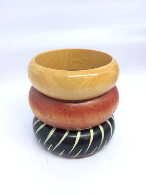 VINTAGE WOOD BANGLE Set Chunky Boho Wood Bracelets 3pc Lot Summer